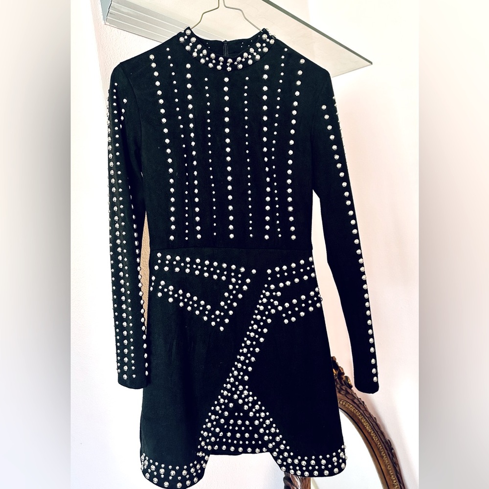 NWT! Fashion Nova Long Sleeve Mini Velvet Dress with Silver Buttons/Spikes